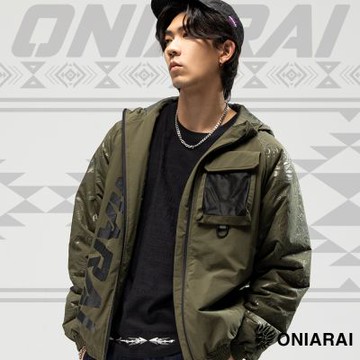 鬼洗 BLUE WAY – 都市遊俠滿版寬鬆連帽鋪棉外套(墨綠)