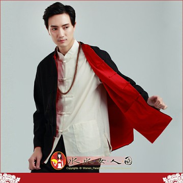 中國風男士唐裝復古中式男裝書卷氣質棉麻上衣男雙面可穿長袖外套-黑配紅-水水女人國