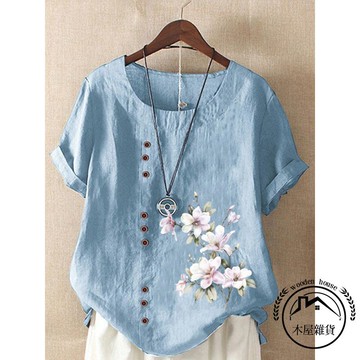 尾貨剪標余單女大碼苧麻印花上衣寬版短袖棉麻衫T恤襯衫【木屋雜貨】