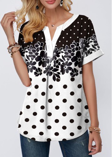 Short Sleeve Dot and Flower Print T Shirt