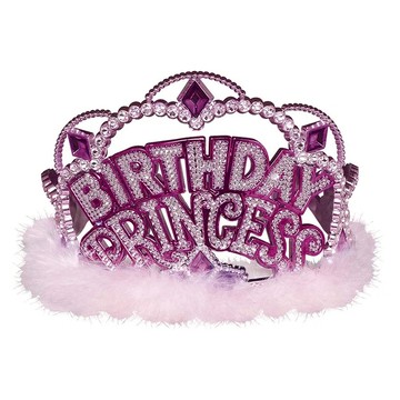 派對城 塑膠皇冠-生日公主 生日派對裝扮 閃亮水鑽點綴 粉色羽毛點綴  1入
