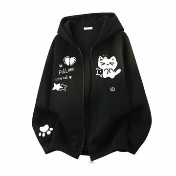 【薇衣】臺灣出貨 美式卡通貓咪衛衣 街頭連帽衛衣 拉鍊衛衣男女 春秋冬外套 外套衛衣女 上衣 大學t 女長袖上衣 上衣女