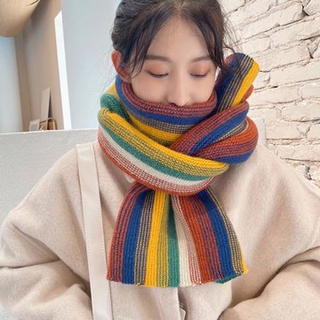 彩虹圍巾女秋冬季韓版百搭學生可愛少女保暖加厚針織毛線圍脖