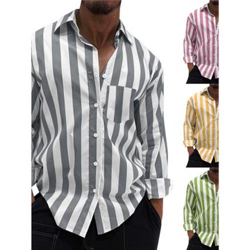 條紋休閑翻領寬松休閑復古男士襯衫Striped vintage casual shirt