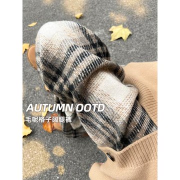 毛呢加絨格子褲女秋冬2025新款復古撞色休閑直筒褲加厚慵懶拖地褲