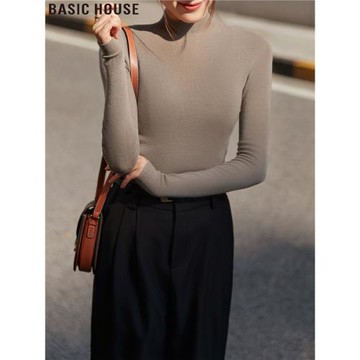 Basic House/百家好修身內搭半高領羊毛打底針織衫女2025秋冬新款