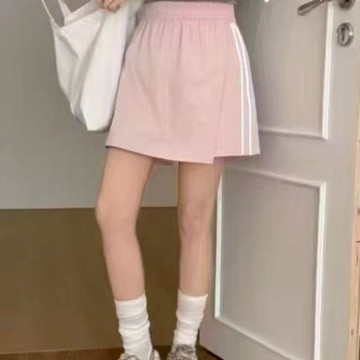 La Belleza百搭運動休閒顯瘦假兩件側拼接條紋拼接一片裙擺寬鬆褲裙