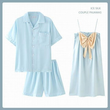 9158位回購老主顧💜 情侶睡衣 冰絲綢 短袖睡裙 吊帶家居服 夏季薄款 套裝 情侶裝 居家