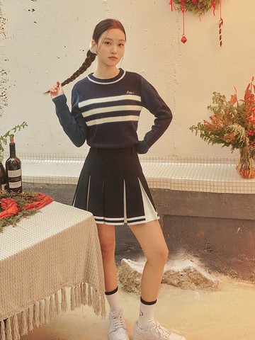 Bottom Point Contrast Pleated Culottes Skirt [Navy]