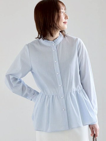 氣質珍珠排釦荷葉邊立領長袖襯衫(0F001631910) - Te chichi