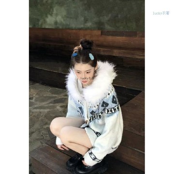費爾島大毛領連帽毛衣外套女秋冬季高級感慵懶風寬鬆針織開衫上衣