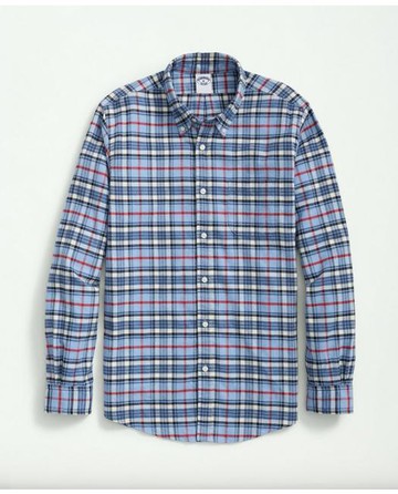 Brooks Brothers Men's Portuguese Flannel Polo Button Down Collar, Plaid Shirt | Light Blue | Size XS