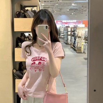 純棉正肩短袖t卹 女款純棉夏季新款減齡漂亮洋氣修身顯瘦小上衣潮 夏季純棉修身短袖上衣 夏季短袖印花圓領上衣