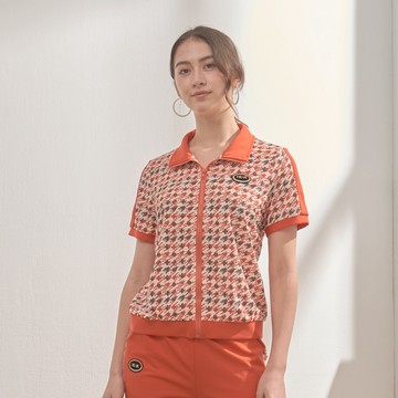 ★【喜芝梅】火焰千鳥 千鳥格紋拼接徽章拉鏈翻領運動風短袖套裝外套型上衣(橘色；M-3L) 125456038
