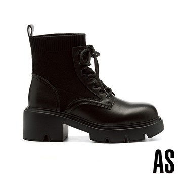 AS 率性潮流異材質拼接綁帶厚底短靴－黑