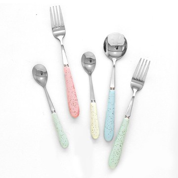 可愛糖果色色釉陶瓷柄不銹鋼吃飯勺西餐叉勺子家用水果叉咖啡勺