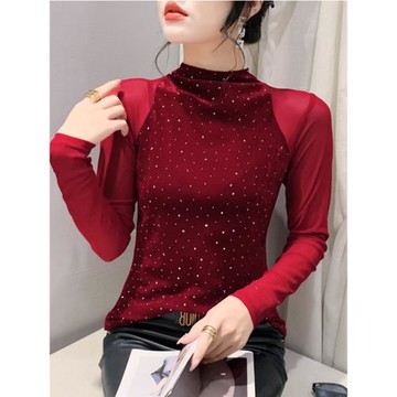 半高領打底衫女長袖歐貨重工燙鉆網紗拼接金絲絨上衣內搭t恤秋冬