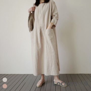 Lockers 木櫃 韓版時尚棉麻中長款寬鬆連衣裙#11003158-2色-預