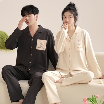萊卡棉情侶睡衣秋冬季純棉長袖睡衣女春秋婚慶開衫情侶家居服套裝