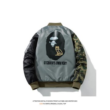 美式潮牌貓頭鷹迷彩拼接棒球服男女情侶秋冬季飛行員夾克棉服外套