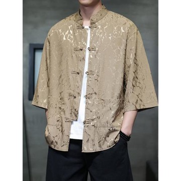 中國風冰絲新中式短袖襯衫男士夏季復古風漢服盤扣上衣唐裝花襯衣