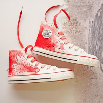 2025秋冬高幫中國風手繪帆布鞋紅大魚古風水墨個性學生加絨板鞋潮