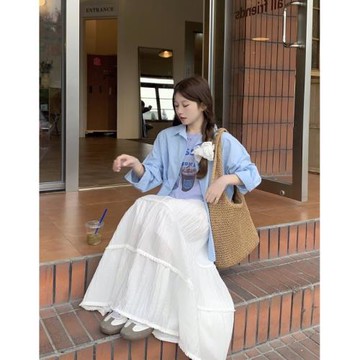 溫柔風花邊拼接白色半身裙女夏季百搭A字裙高腰中長款裙子大擺裙