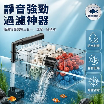 台灣出貨 透明亞克力魚缸上濾盒 三格分區過濾培菌 雨淋式進水增氧 卡扣掛壁省空間 黑框設計 客廳辦公桌面適用