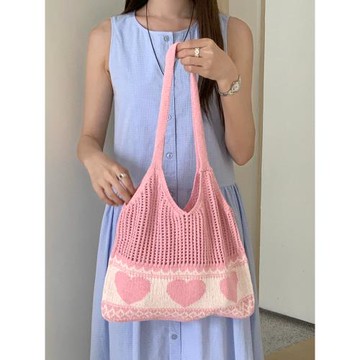 鉤針毛線包2025夏季度假新款鏤空編織女包少女愛心包手提包郊游包