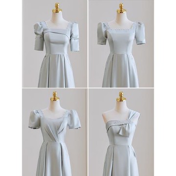 緞面伴娘服女2025年新款夏季婚禮小個子姐妹團禮服裙灰色高級小眾