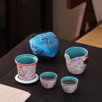 國潮琺瑯彩旅行茶具花開富貴 陶瓷快客杯一壺二杯便攜式戶外露營