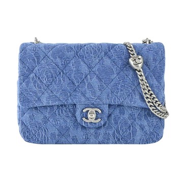 CHANEL新款玫瑰印花牛仔帆布愛心調節鏈帶肩背/斜背包(藍色)