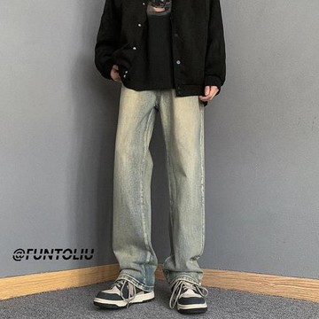 黃泥牛仔褲男美式復古做舊高街褲子春秋潮牌寬松直筒拉鏈微喇長褲