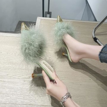 仙女風毛毛拖鞋女夏外穿氣質優雅高跟鞋女細跟尖頭包頭半拖鞋女鞋