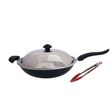 台灣製造 新一代金美滿大富健康鍋 39cm單柄炒菜鍋附不鏽鋼鍋蓋+矽膠料理夾 遠紅外線備長炭專利炒鍋-航鈦合金不沾鍋