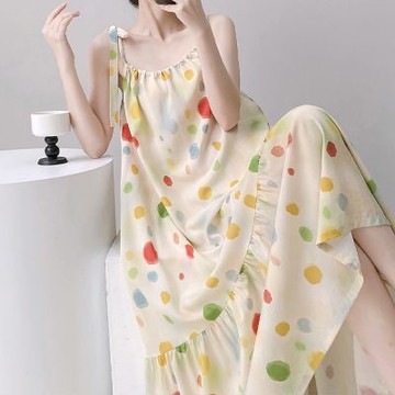 [韓國K.W.]韓國俏麗可愛高級棉稠寛下擺涼感休閒睡裙(背心裙/大面印花/連衣裙)