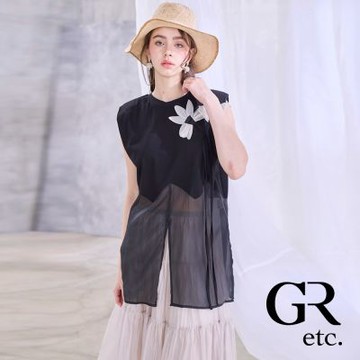 【GLORY21】網路獨賣款-etc.立體花朵拼接雪紡長版背心-黑色