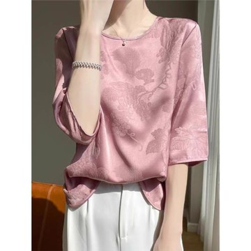 復古提花真絲短袖t恤女寬松新中式國風醋酸顯瘦七分袖上衣襯衫