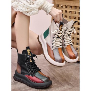 新中式拼色厚底馬丁靴女款春秋單靴真皮騎士靴復古個性彩虹短靴子