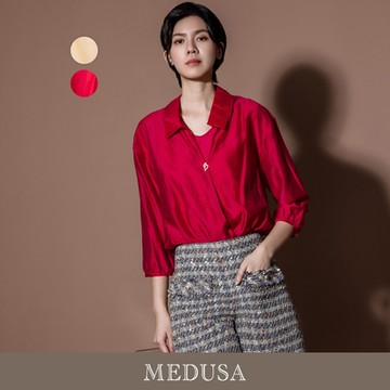 現貨【MEDUSA 曼度莎】斜蓋假兩件式天絲棉襯衫 - 2色（M-L）｜女造型襯衫 女上班穿搭