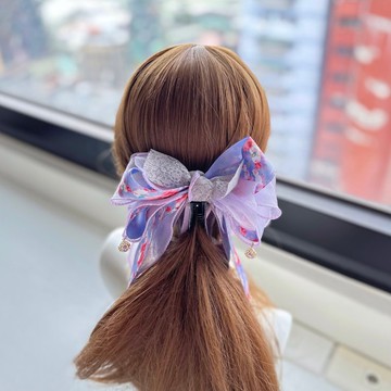 捲邊紗蝴蝶結相交夾香蕉夾仙女夾髮夾-紫色底小白兔