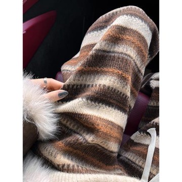 復古毛呢條紋闊腿褲秋冬新款加絨加厚休閑褲顯瘦闊腿褲直筒糯米褲