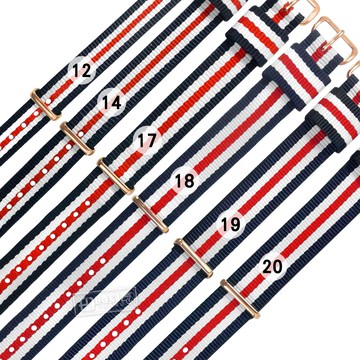 Watchband / 12.14.17.18.19.20 mm / DW 各品牌通用 鍍玫瑰金不鏽鋼扣頭 尼龍錶帶 藍x白x紅 ＃828-31-BWRWB-R