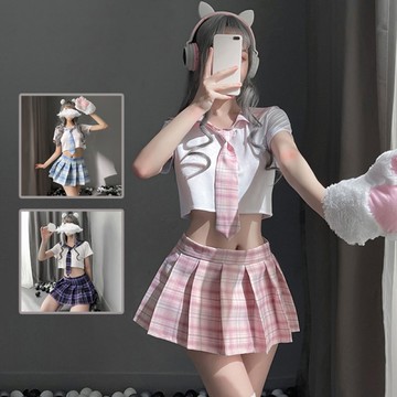 水手服 角色扮演 Cosplay！經典格紋水手方領百褶裙四件式套裝