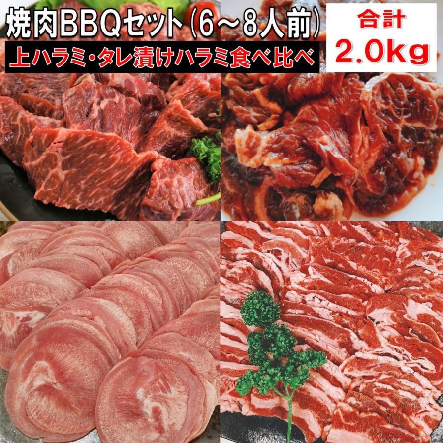 肉 バーベキュー 食材 牛肉 焼肉セット バーベキュー肉 タン ハラミ カルビ バラ 上ハラミ バーベキューセット食材 BBQ 食材 焼肉 豚肉 2.0kg  6〜8人前