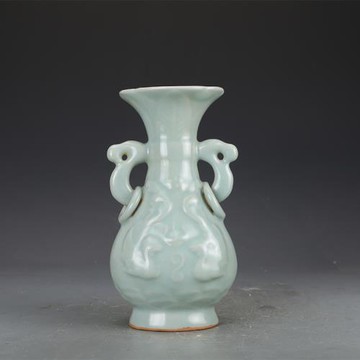 仿古瓷器龍泉窯天青釉雙耳瓶花瓶