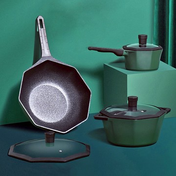 【八角維京】喬遷禮-新居入厝 八角一體成型 不沾鍋 奶鍋 煎鍋 炒鍋 18cm 24cm 28cm 32cm-橄欖綠