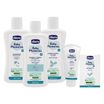 Chicco 寶貝植萃呵護提籃質感禮盒 嬰兒洗髮精200ml + 泡泡浴露200ml + 潤膚乳液200ml + 全效護膚膏100ml + 柔膚香皂100g  1組