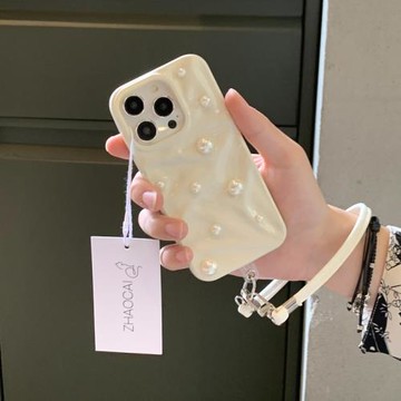 簡約小香風珍珠適用iPhone17ProMax手機殼16plus女款11蘋果12手鏈13保護套17A冷淡風14plus個性15promax米白