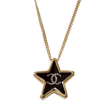 CHANEL ABG573 水鑽雙C LOGO黑琺瑯星星吊墜鎖骨項鍊.金